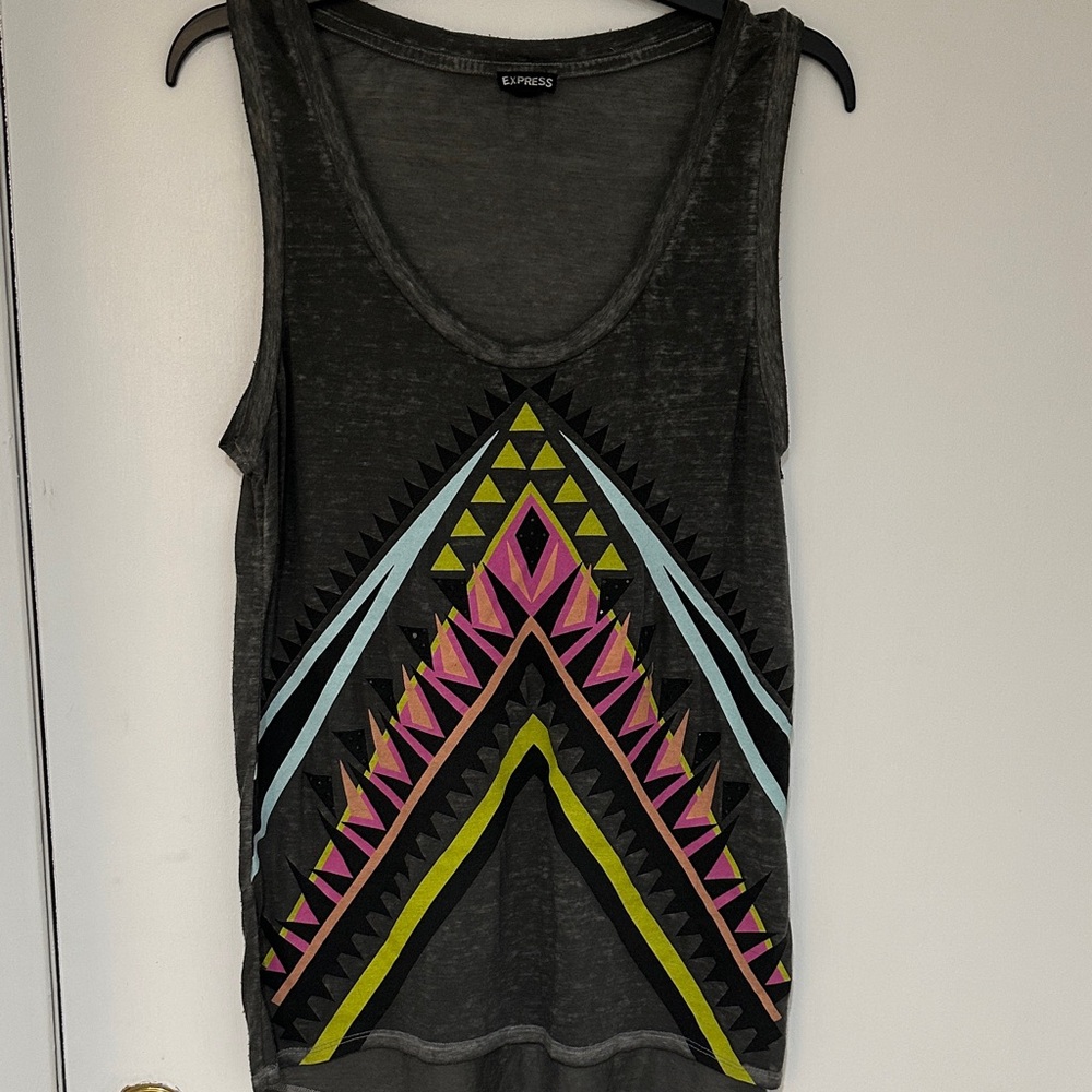 Express Women's Tank Top - Black with Pink, Yellow, and Blue Geometric Design